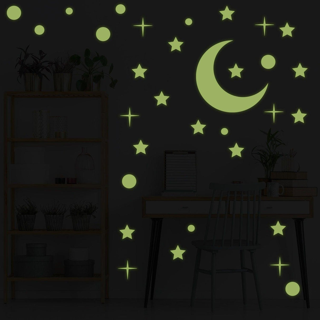 Glowing ceiling stickers featuring stars and a moon, creating a starry sky wall decal in a cozy room decor.