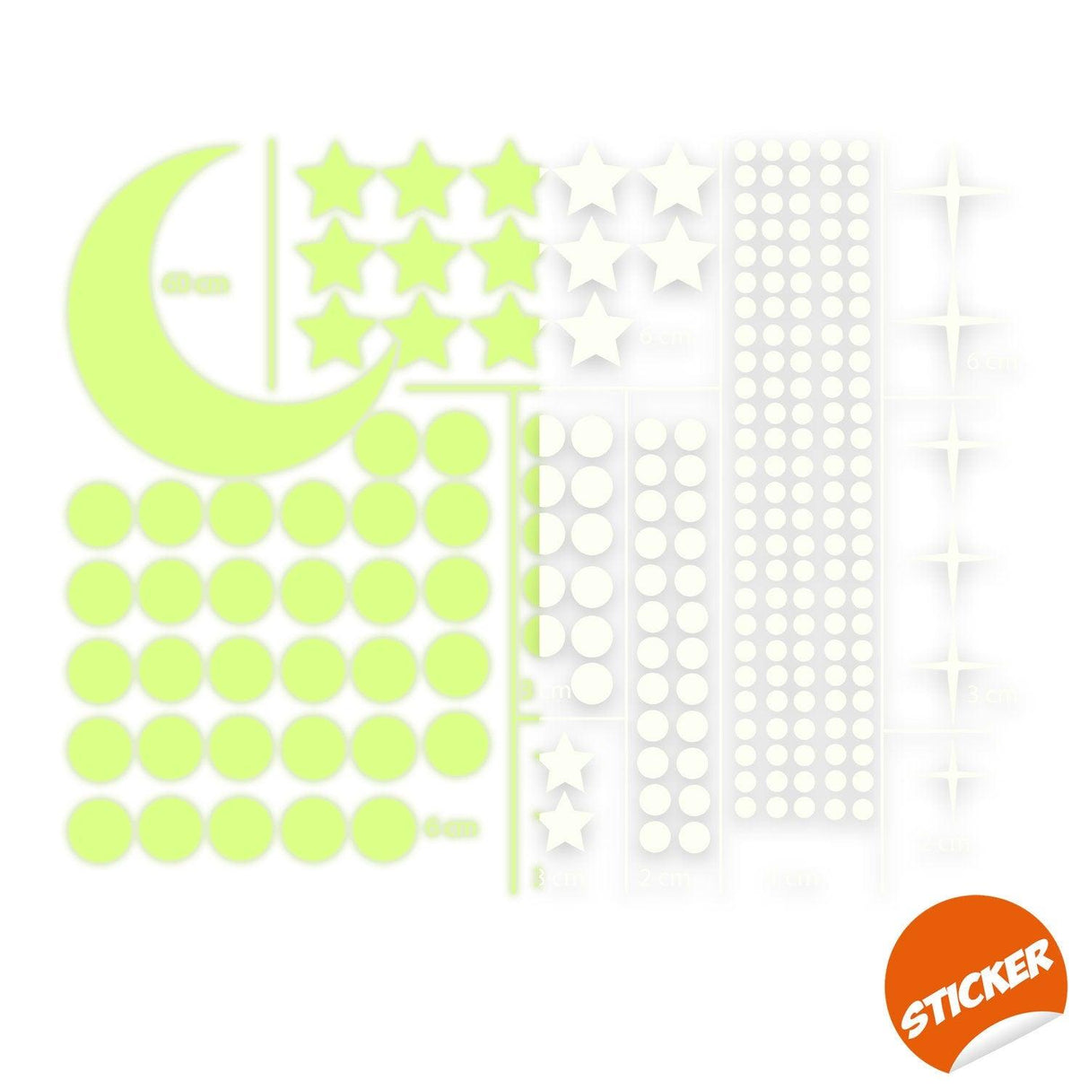 Set of glowing ceiling stickers including stars and a moon for creating a starry sky wall decal.