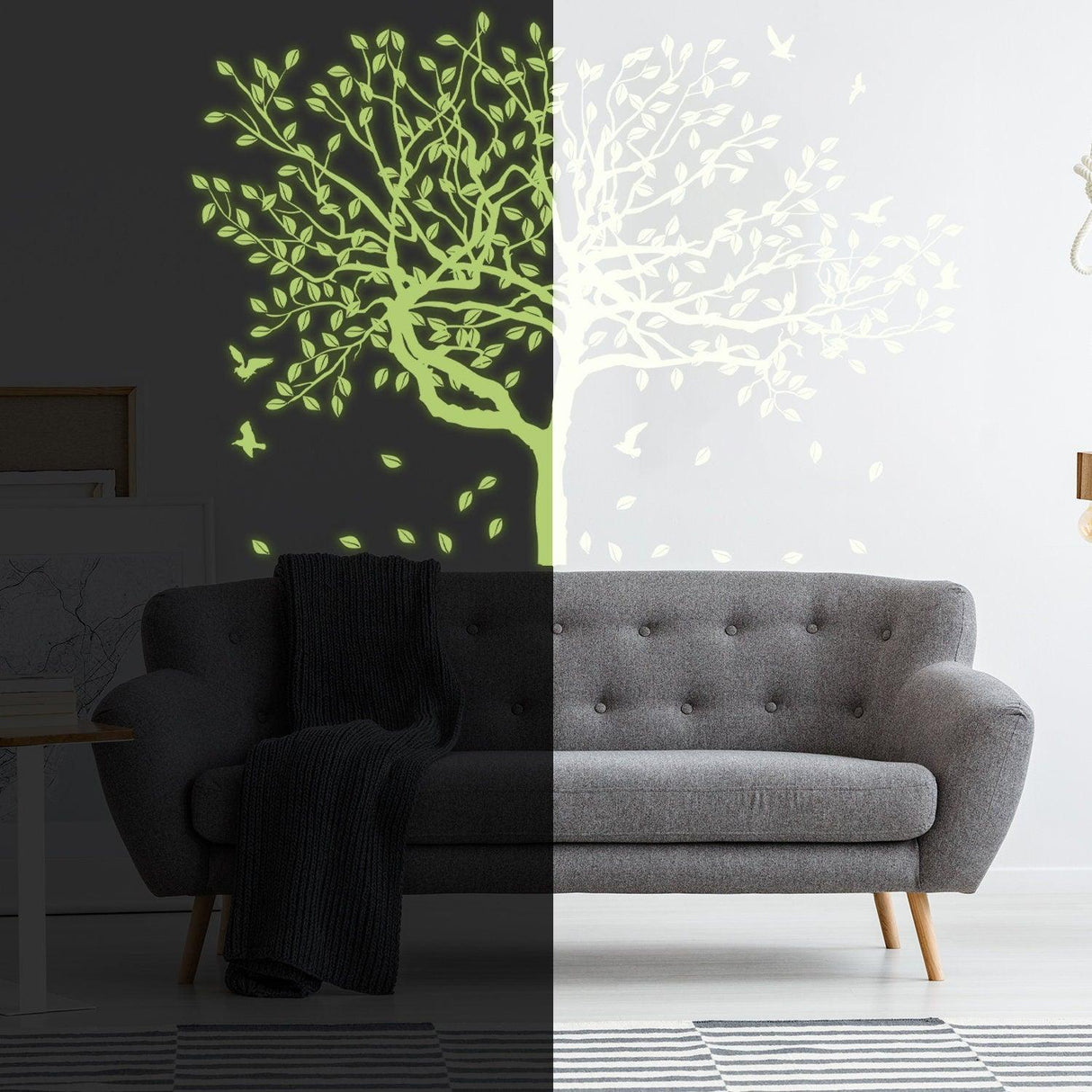 Glow in the dark tree wall sticker art visible in daylight and glowing at night, enhancing kids' room decor.
