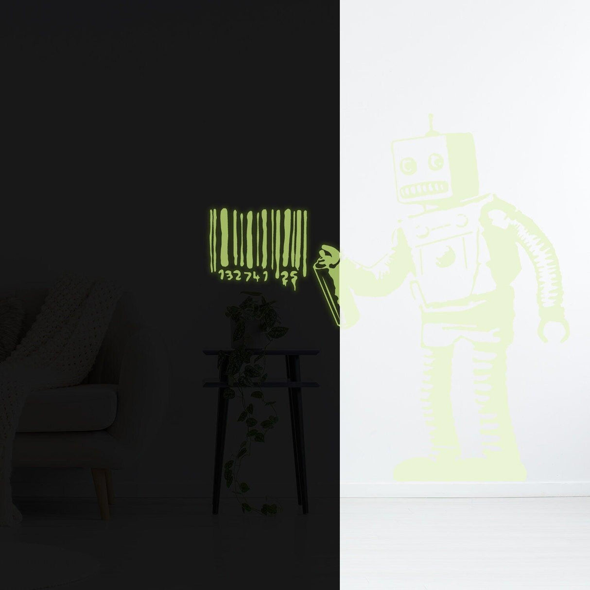 Glow in the dark vinyl sticker featuring a robot and barcode design on a wall, ideal for kids' rooms.