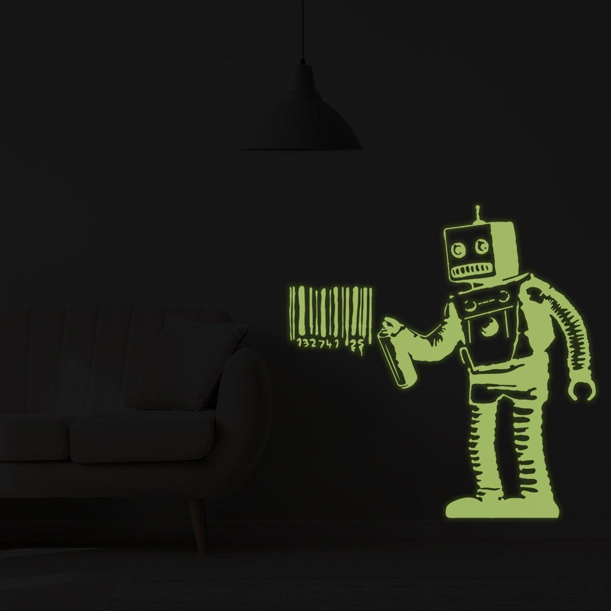 Glow in the dark robot wall sticker art with barcode design for kids' room decor.