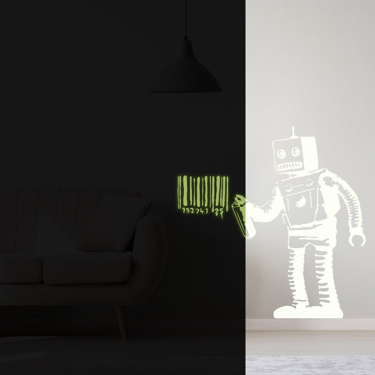 Glow in the dark robot wall sticker with barcode design, perfect for children's room decor.