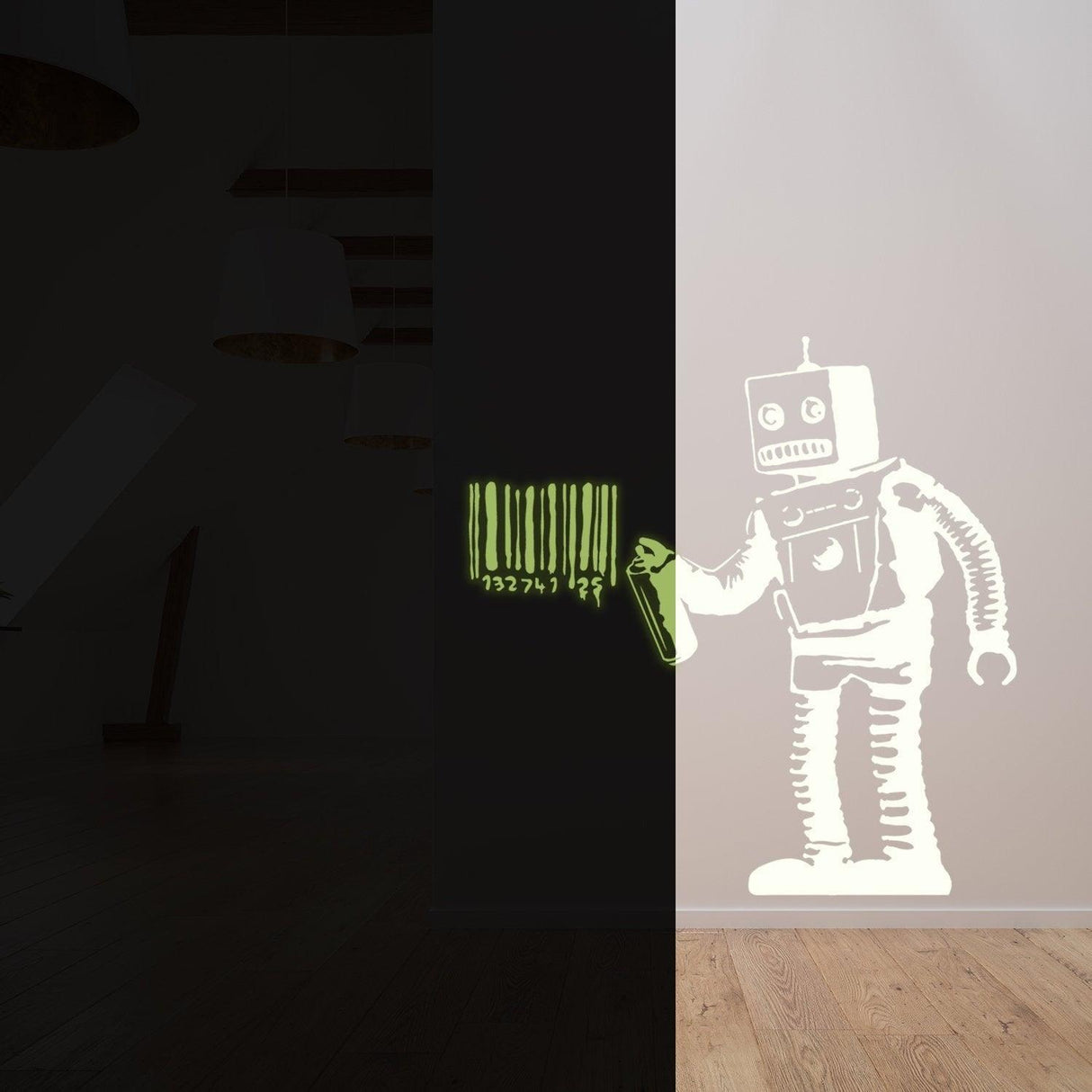 Glow in the dark wall sticker of a robot interacting with a luminescent barcode design, perfect for kids' rooms.