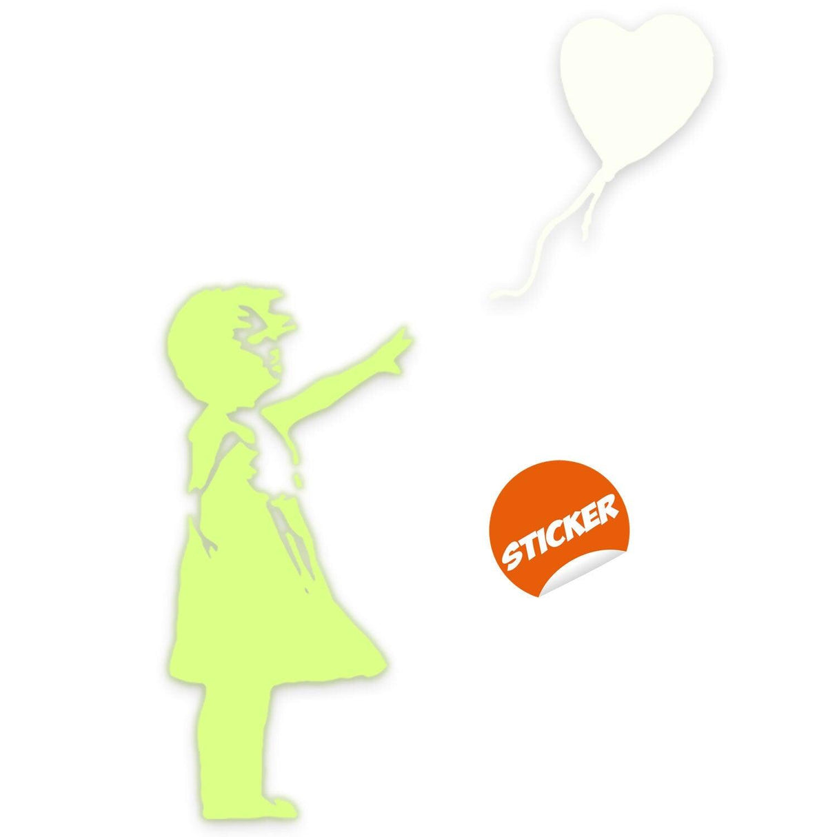 Glow in the dark vinyl sticker of a girl reaching for a balloon, perfect for kids' room decor.