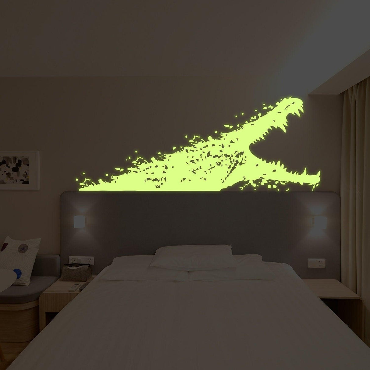 Glow in the dark alligator wall sticker in a bedroom, adding unique decor and excitement to the space.