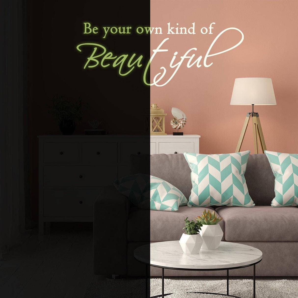 Glow in dark wall sticker with 'Be your own kind of Beautiful' quote in a stylish living room setting.