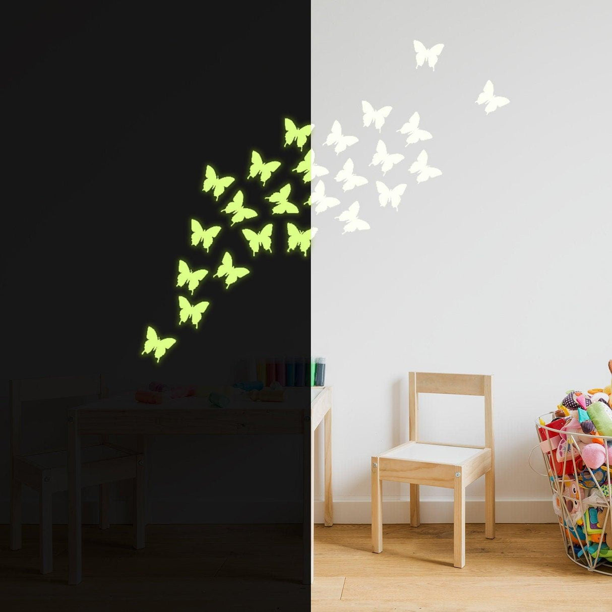 Glowing butterfly decals on wall showcasing a magical night glow effect in a cozy children's room.