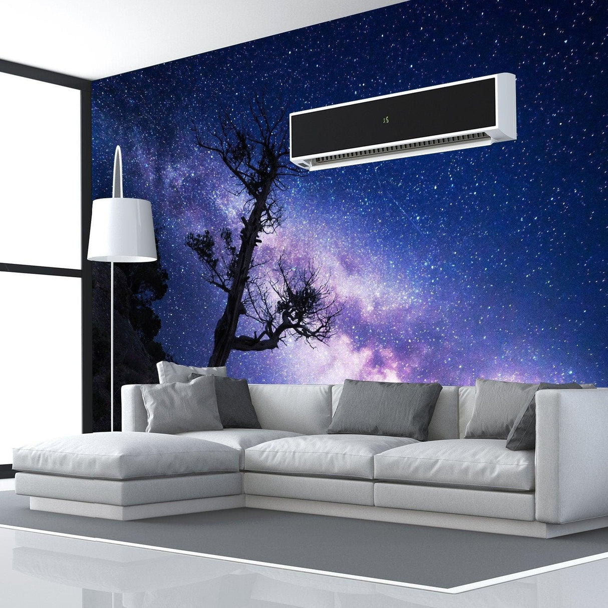 3D deep outer space wallpaper art decor in modern living room with couch and starry galaxy design.