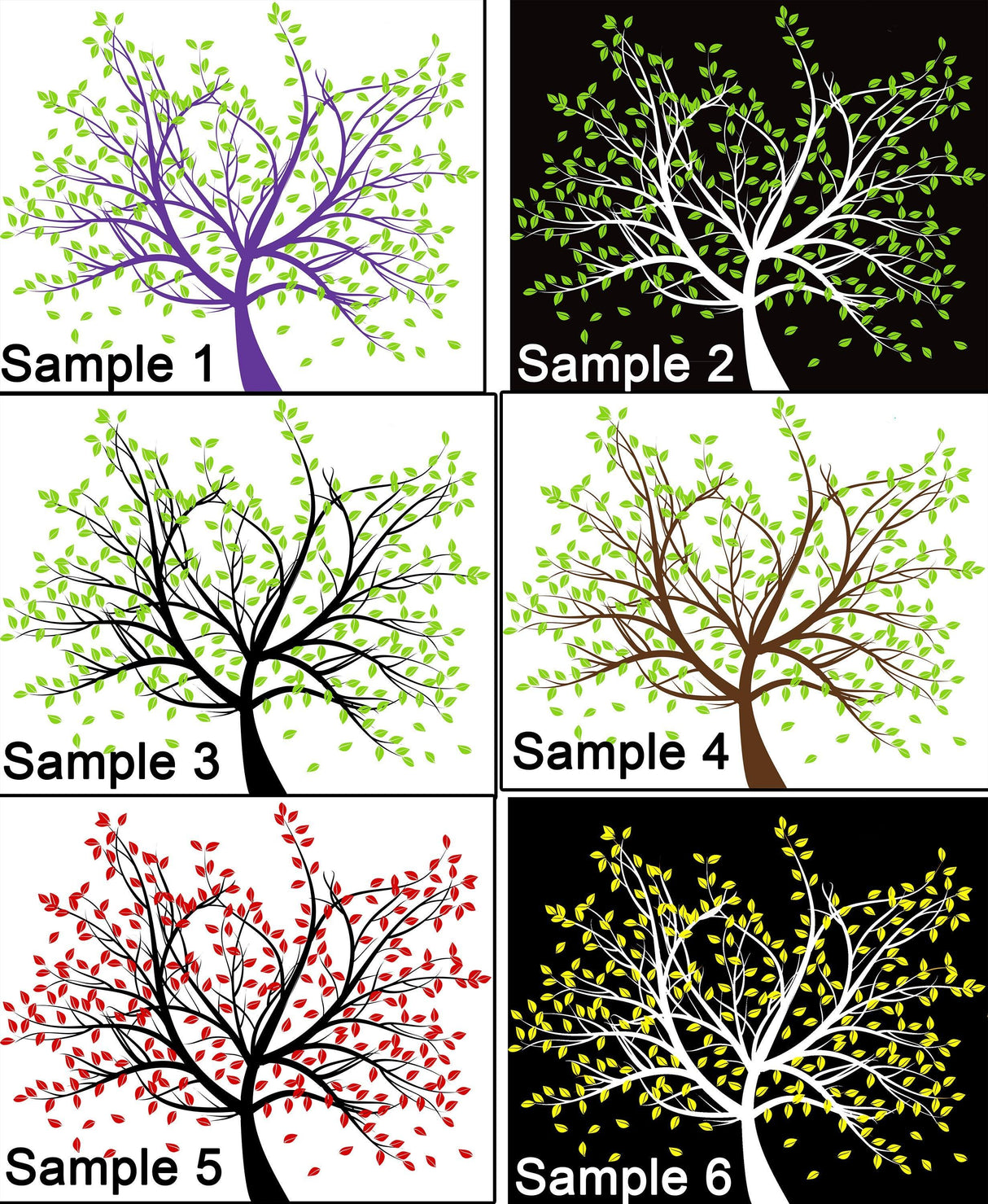 Various tree decal designs in multiple colors with leaves, perfect for nursery or wall art decoration.