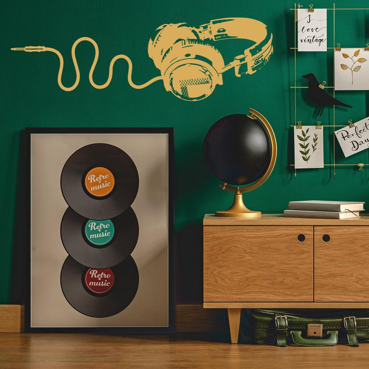 Headphones vinyl wall sticker design against a green wall, showcasing a stylish music-themed decor for music lovers.