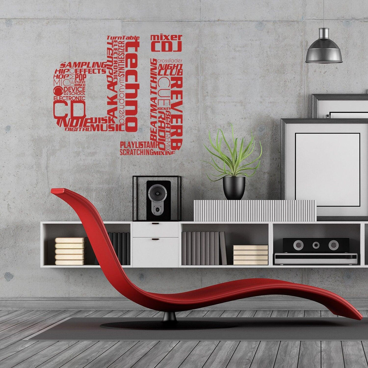 Stylish DJ wall art music sticker in modern living room, showcasing vibrant electronic music terms and decorations.