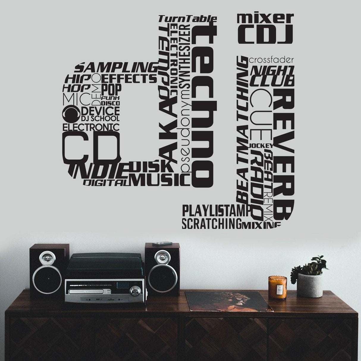DJ wall art decal featuring music-related typography in black, perfect for home decoration.