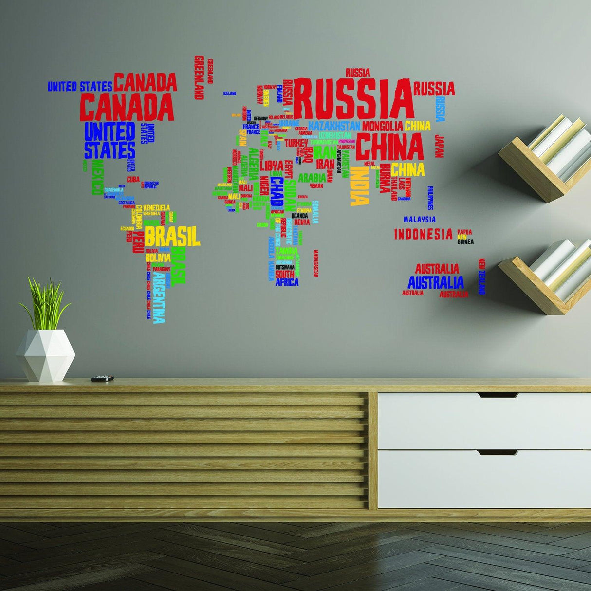 Colorful world map vinyl wall sticker featuring country names, ideal for kids' room or classroom decor.