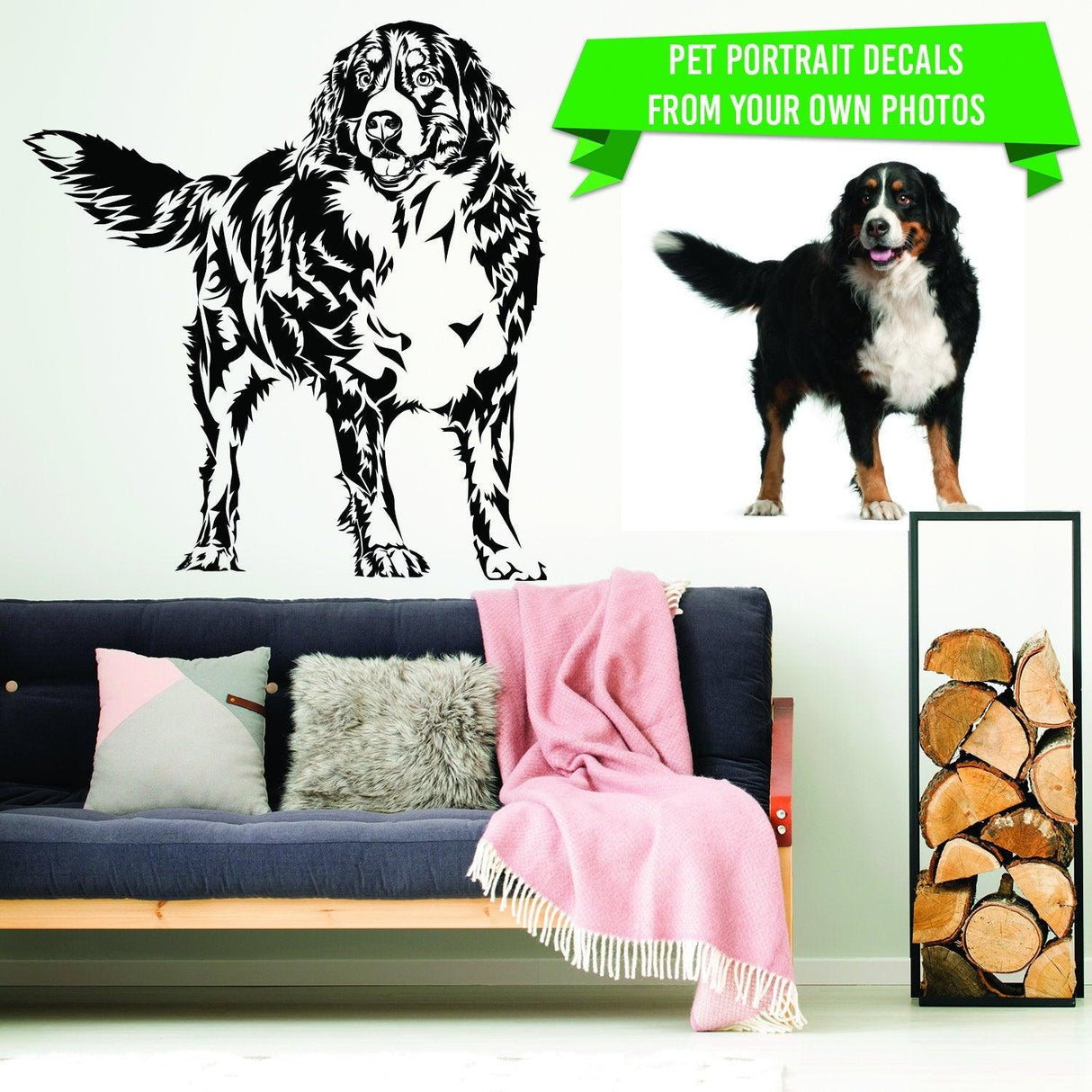 Custom vinyl wall decal of a dog with a photo collage, showcasing pet portrait decals for dog lovers.