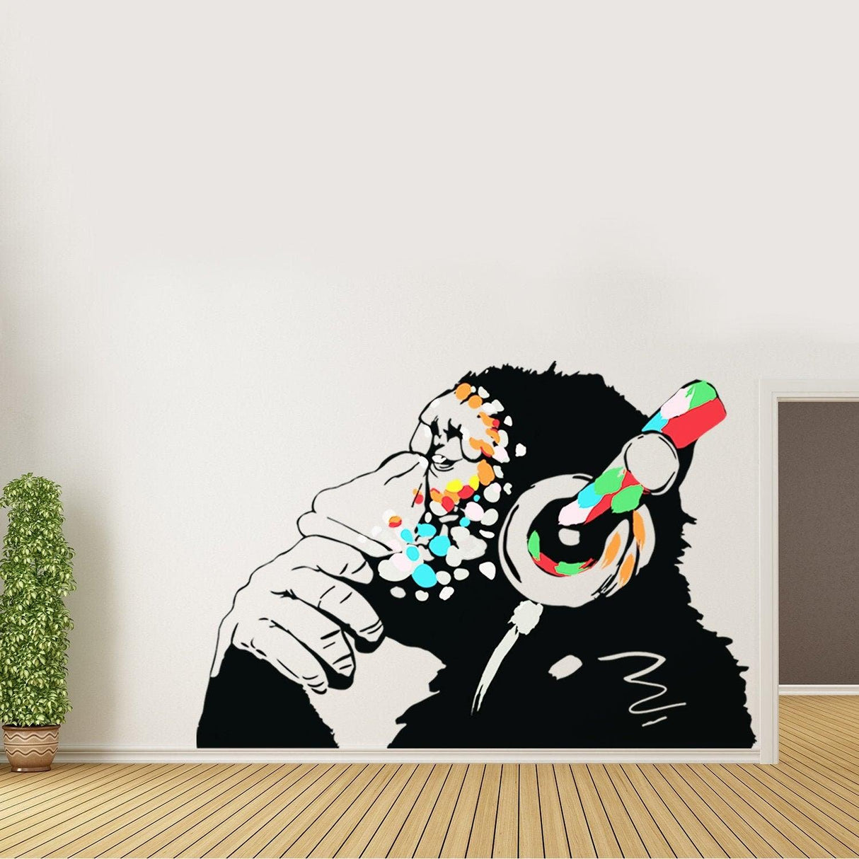 Colorful music wall art sticker featuring a monkey wearing headphones, perfect for music lovers.