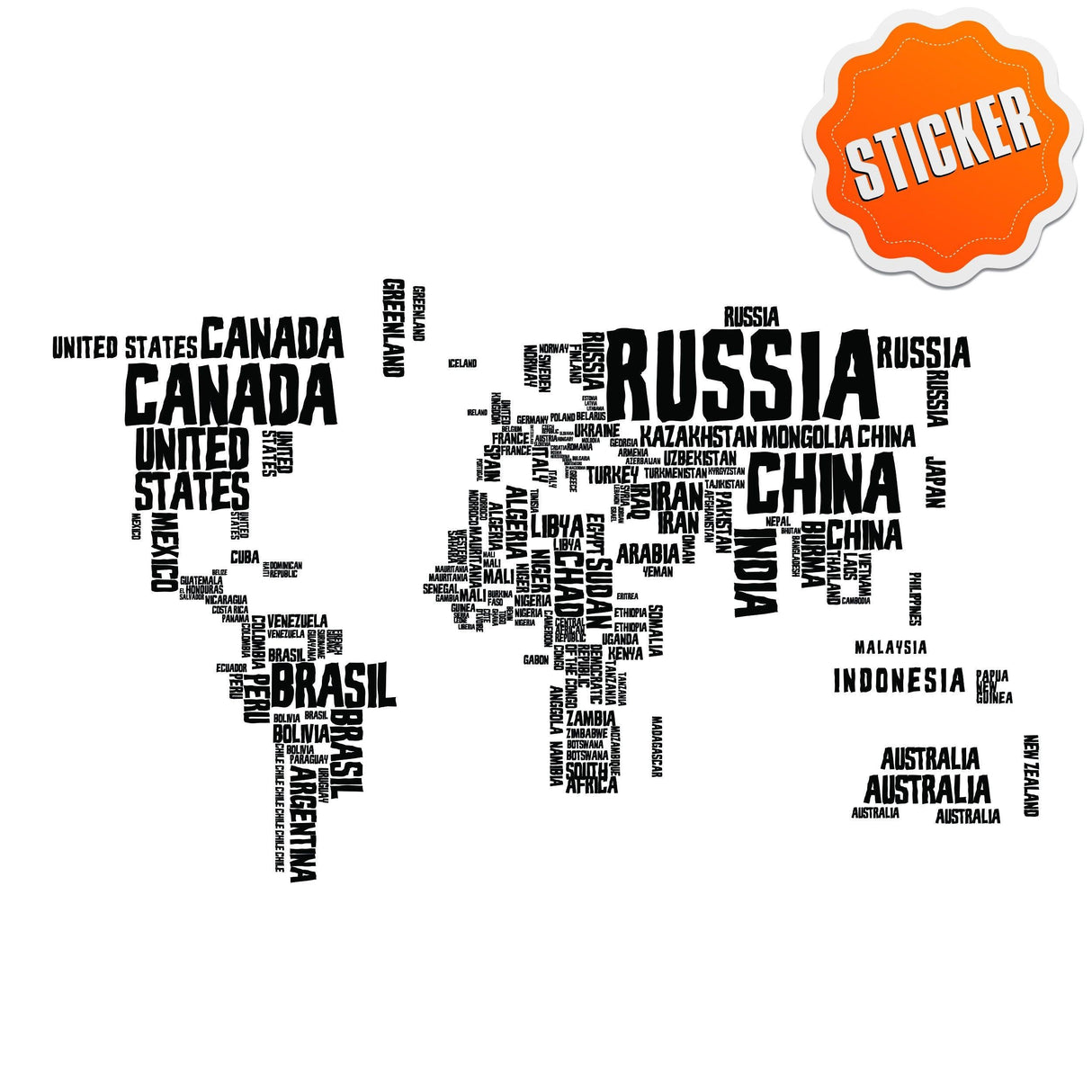 Colorful world map wall sticker featuring country names in playful font, perfect for kids' rooms.