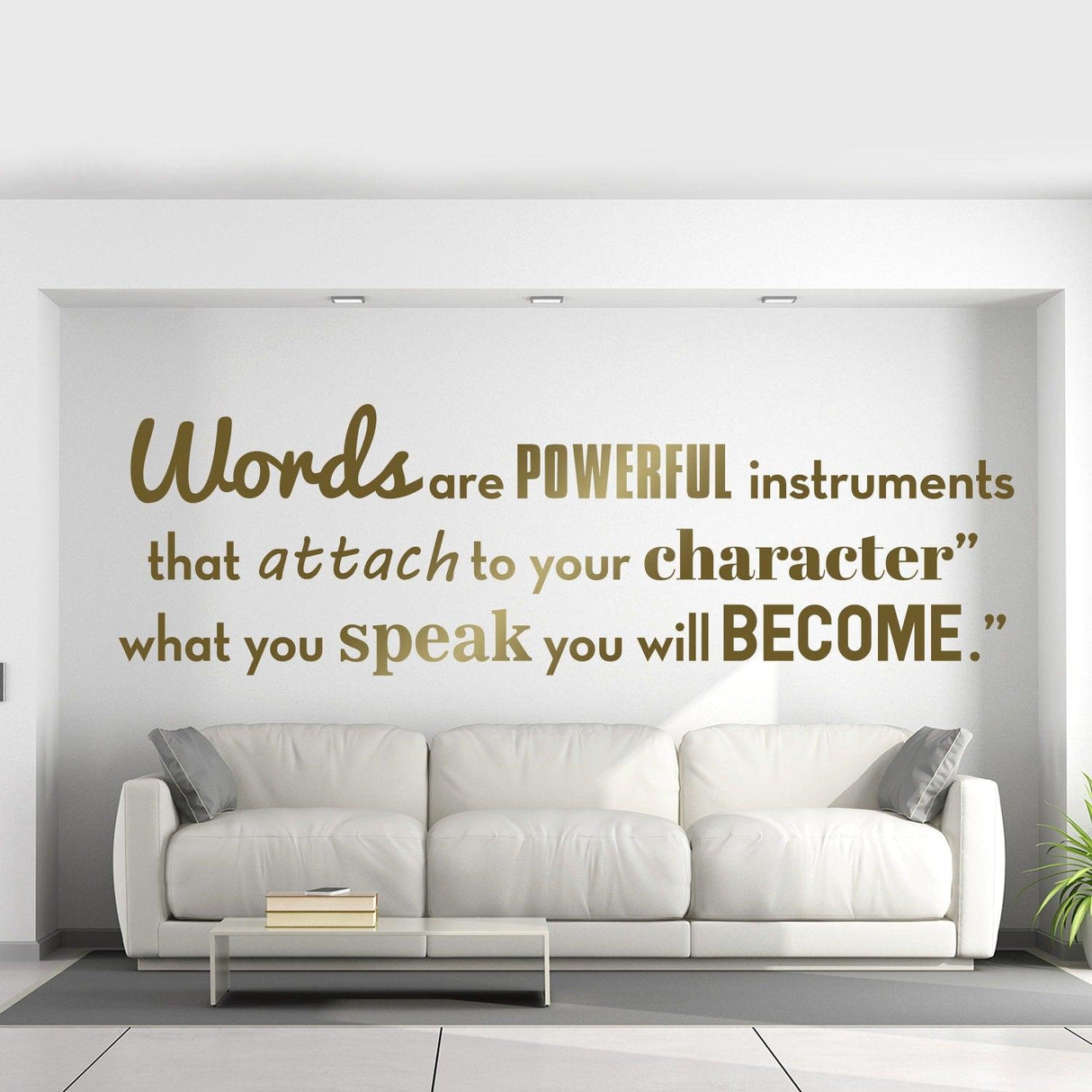 Inspirational wall vinyl quote sticker featuring motivational words on a living room wall.