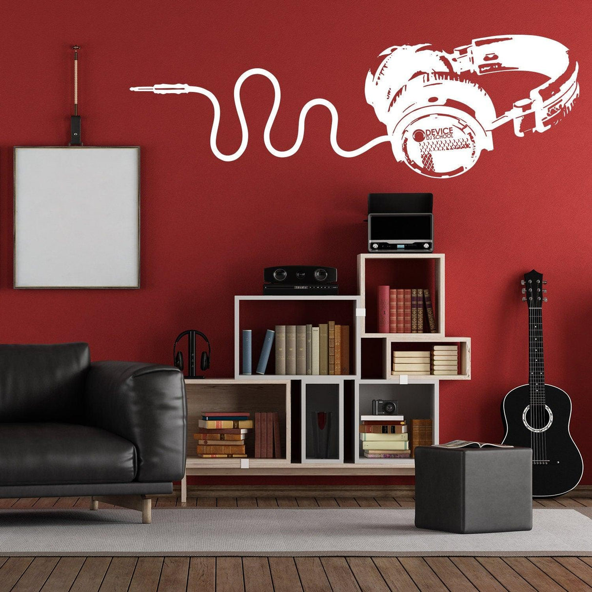 Headphones vinyl wall sticker on red wall, enhancing music-themed decor in modern living room.