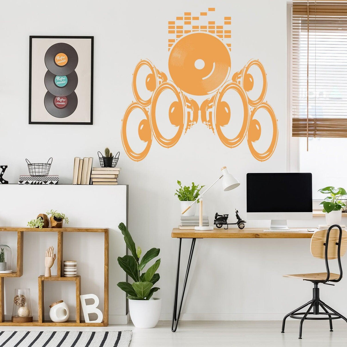Music speakers wall vinyl sticker in a modern room, featuring retro loudspeakers and creative decor.