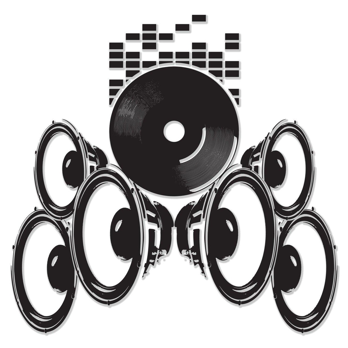 Vinyl sticker of music speakers and a record, showcasing a retro design with a vintage vibe.