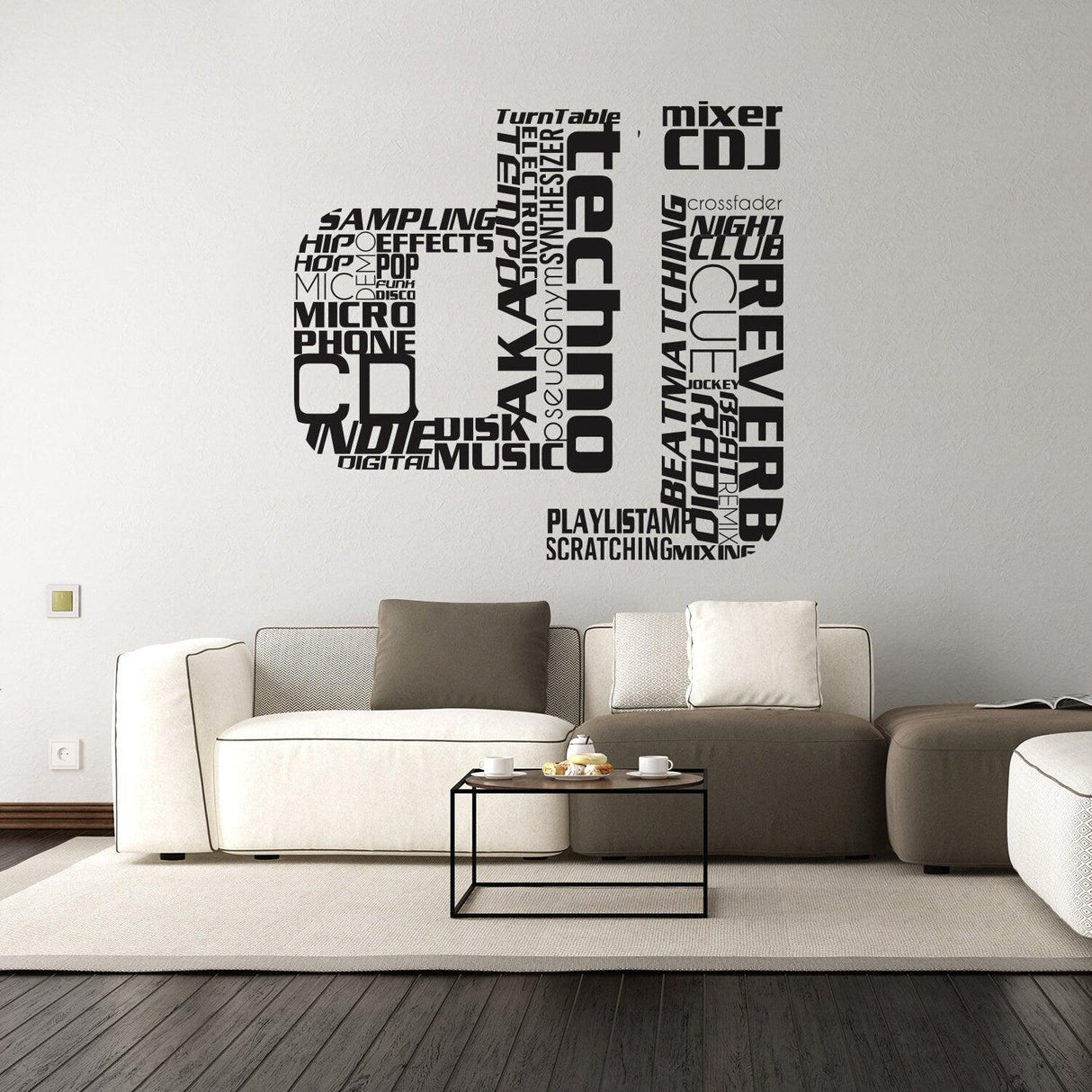 DJ wall art sticker featuring music terms like techno, mixer, and sampling in a stylish design for home decor.