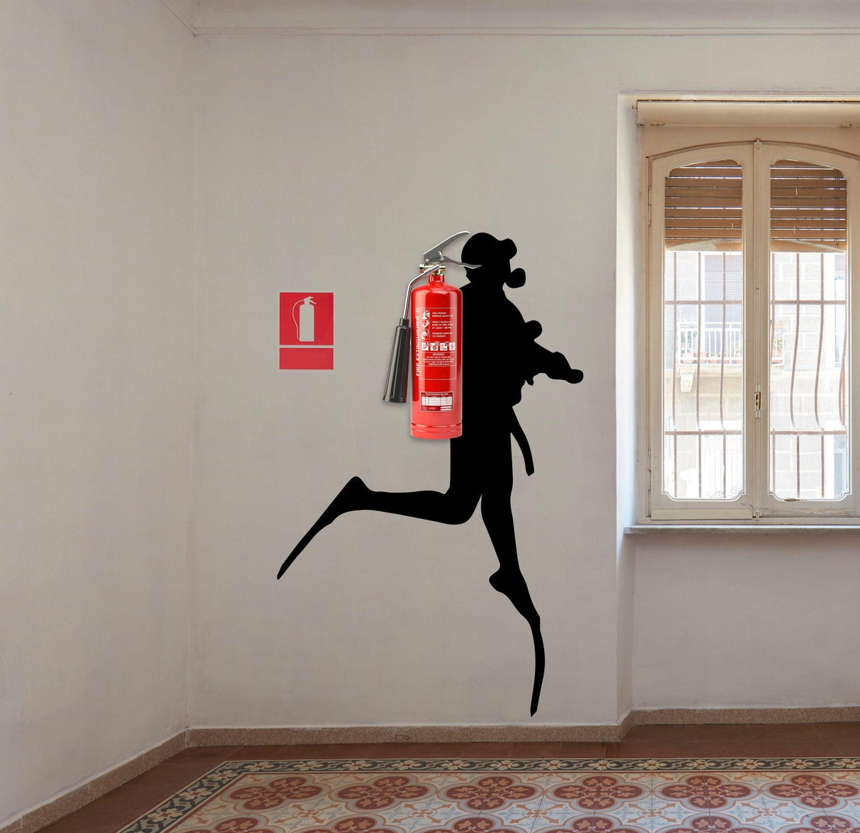 Scuba Diver Wall Sticker featuring a silhouette diving with a fire extinguisher, perfect for home decor.