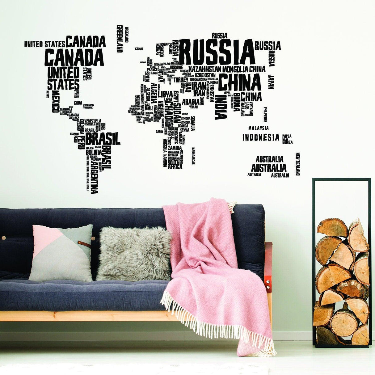 Colorful world map vinyl wall sticker with country names, perfect for children's room decor.