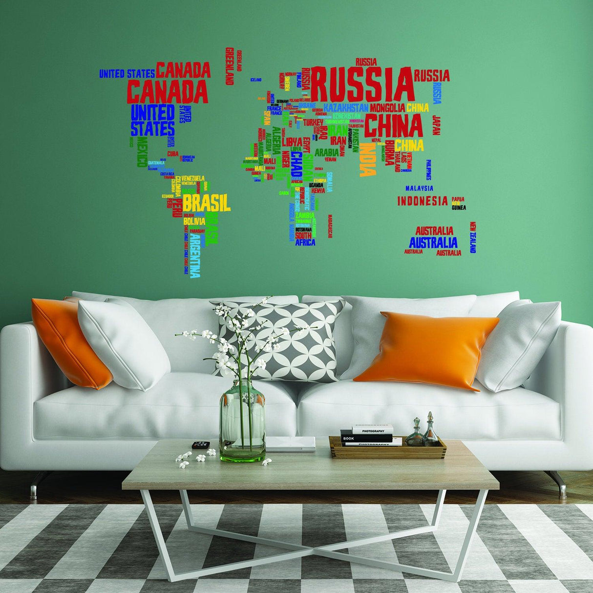 Vibrant world map vinyl wall sticker featuring country names in colorful fonts, ideal for kid's room decor.