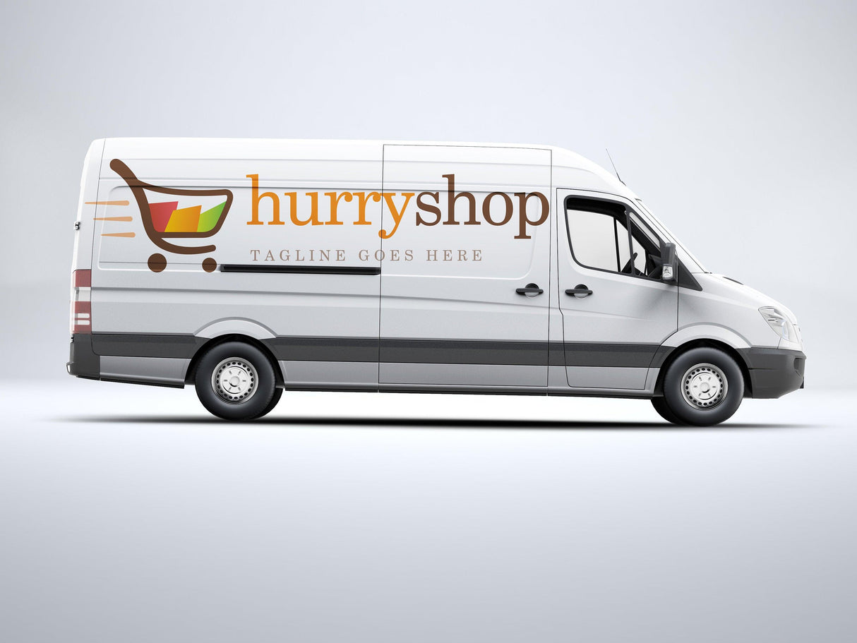 Side view of a delivery van with hurrshop branding and shopping cart graphic, showcasing mobile shopping services.