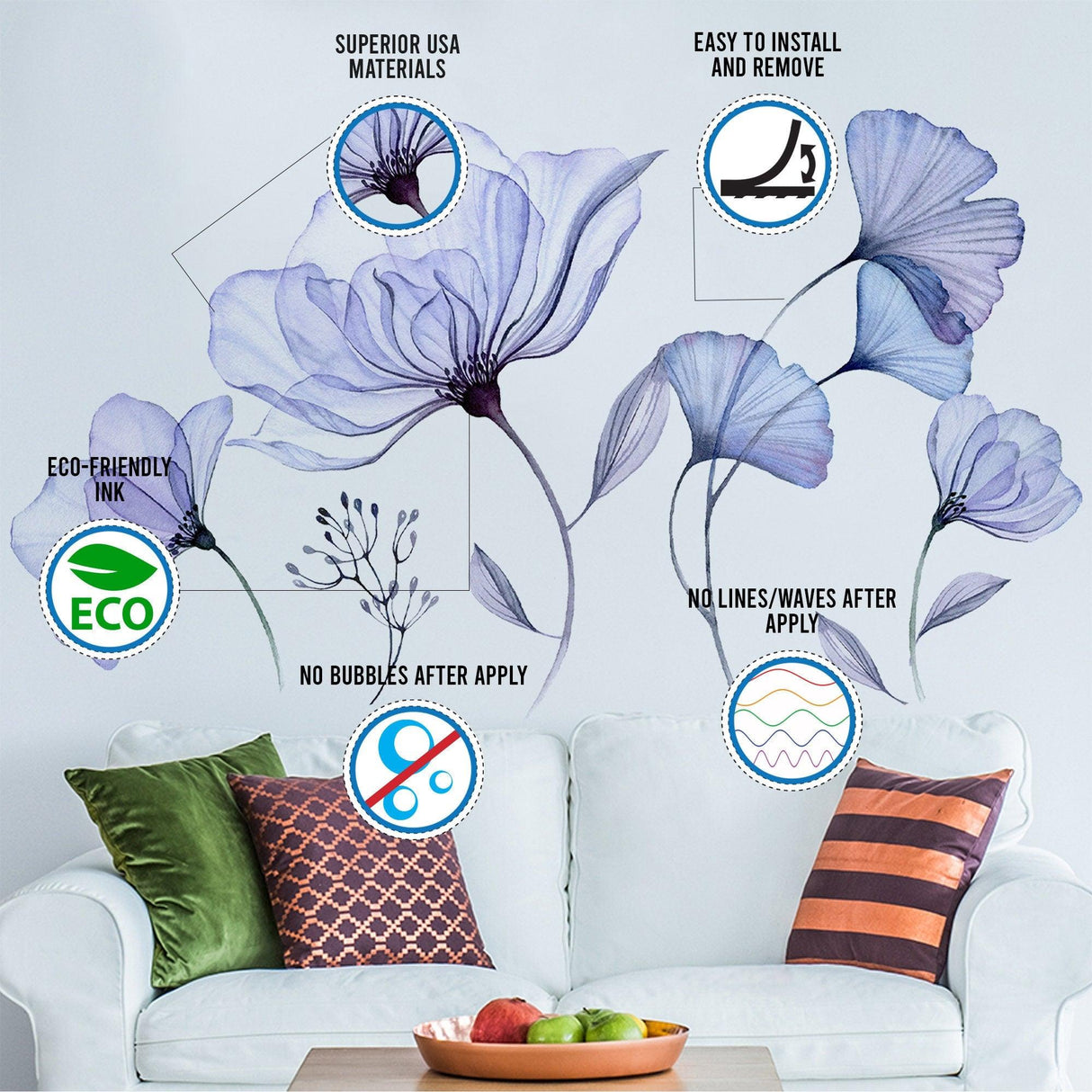 Floral wall vinyl sticker mural showcasing blue flowers in a living room, highlighting easy installation and eco-friendly materials.