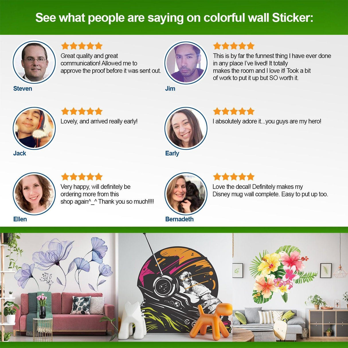 Customer reviews for colorful wall stickers: great quality, vibrant decor, easy to use, perfect for living rooms.