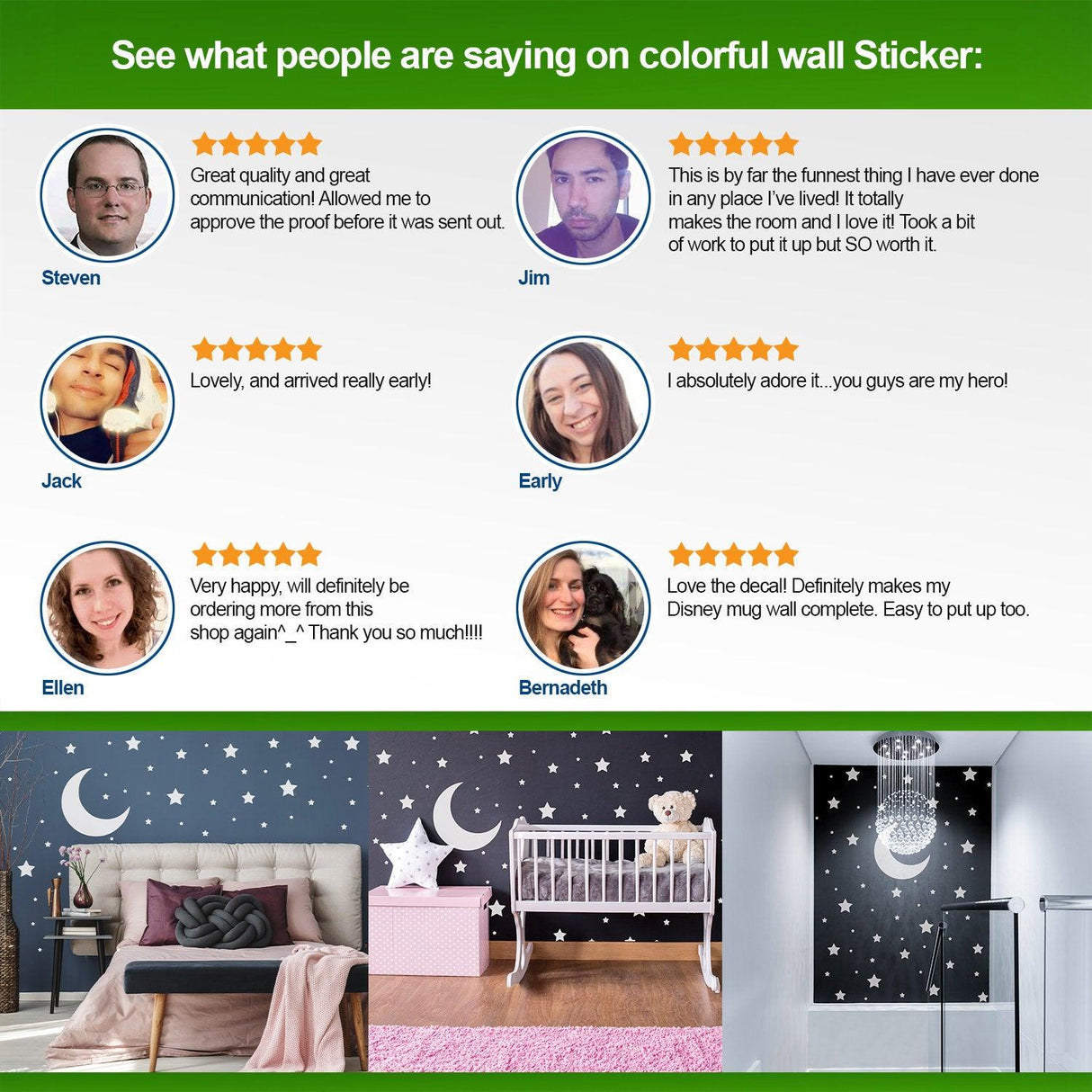 Customer testimonials for colorful wall stickers featuring five-star ratings and images of starry room decor.