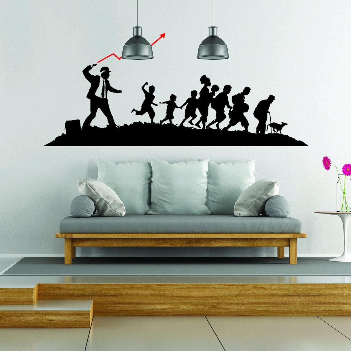 Banksy Businessman vinyl wall sticker adding unique art to modern home decor, featuring a silhouette of a businessman and followers.