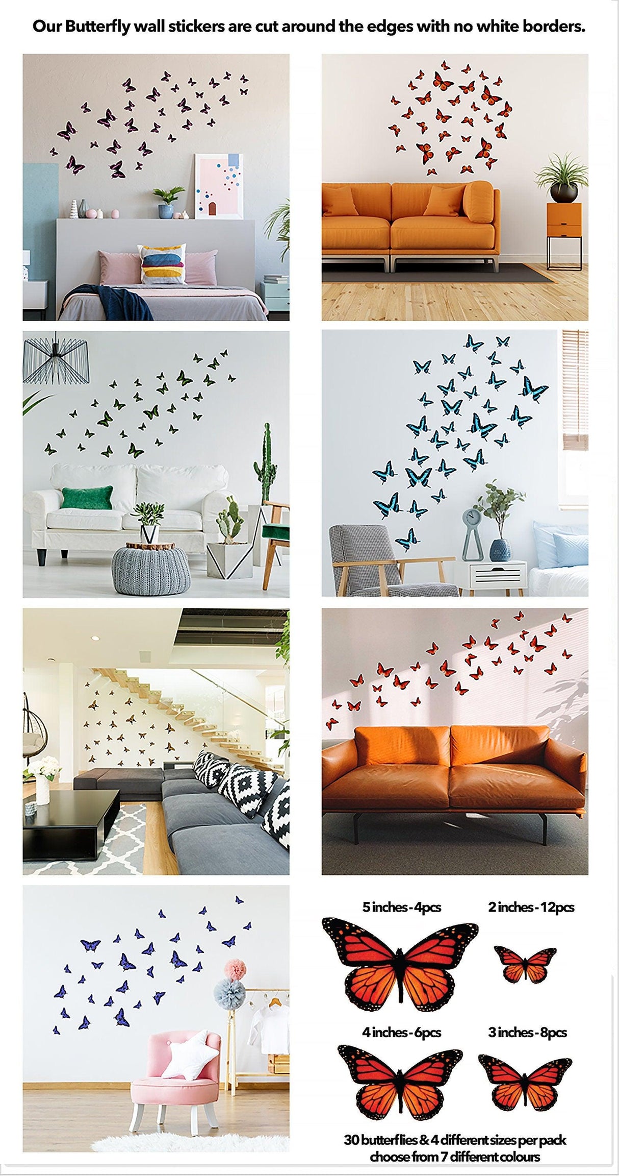 30 butterfly wall decor stickers displayed in various room settings, showcasing colorful designs for girl bedroom decoration.