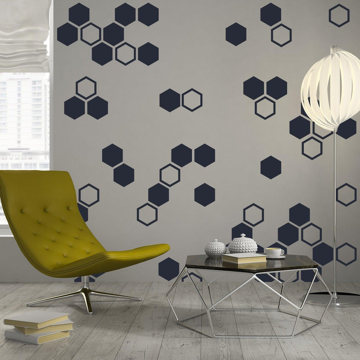Modern living room with honeycomb wall stickers and yellow chair, showcasing geometric decor style.