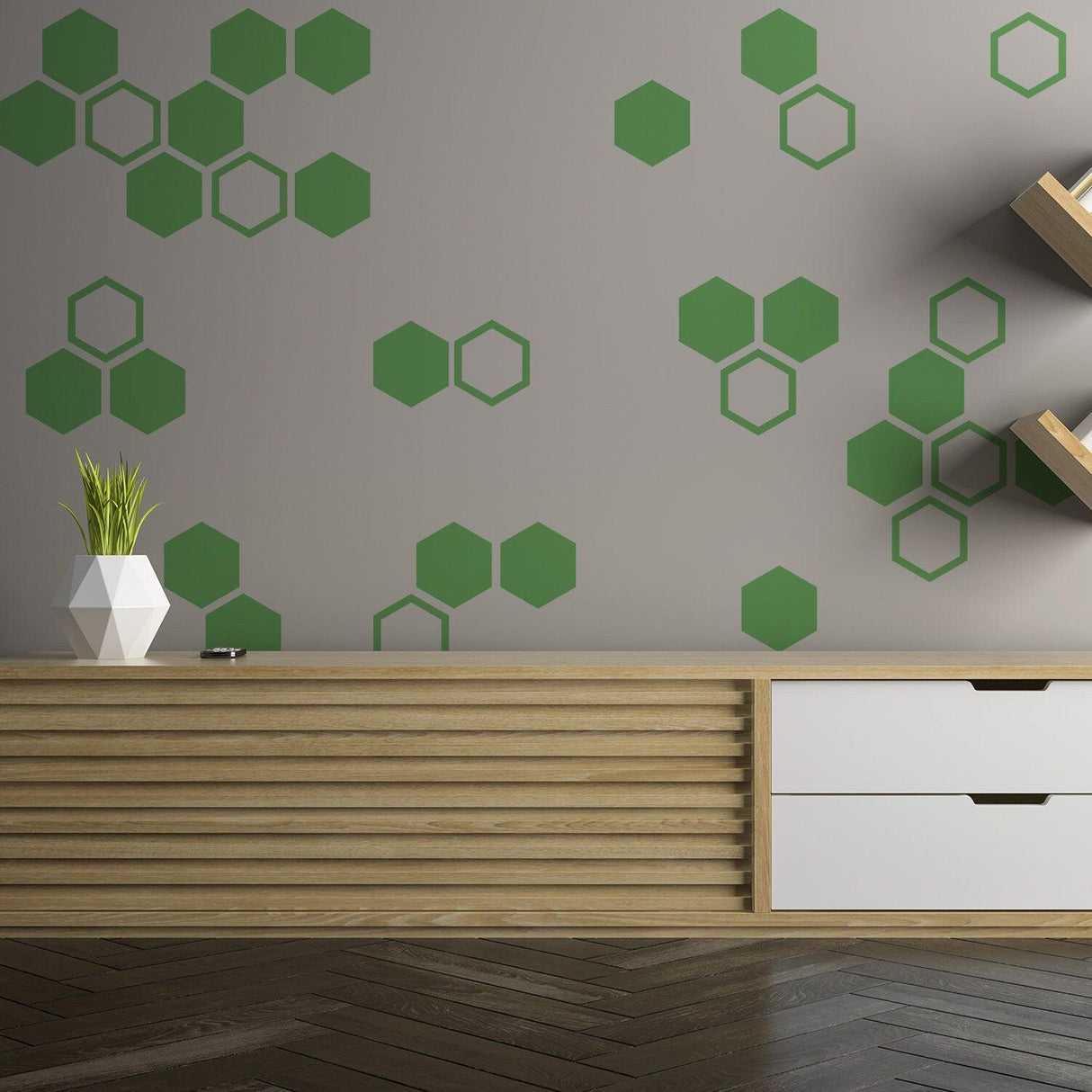 Green honeycomb wall stickers applied in a modern living room, enhancing decor with geometric shapes and vibrant colors.
