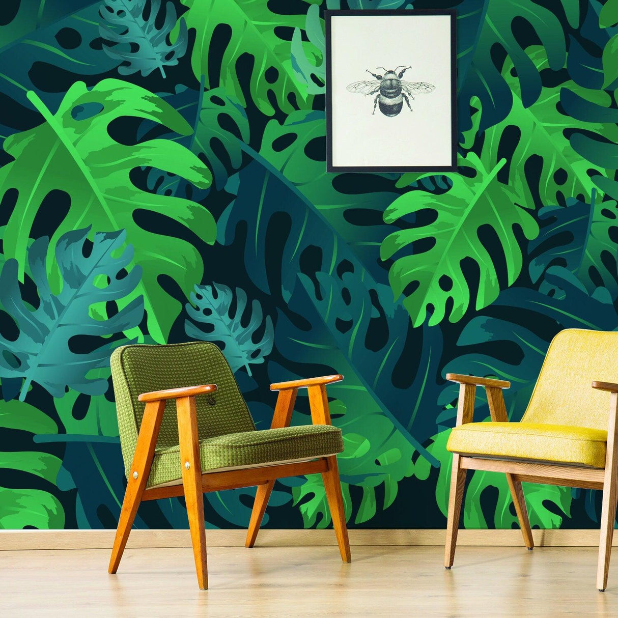 Leaves wallpaper tapestry decor featuring vibrant green tropical leaves in a stylish room with modern chairs.