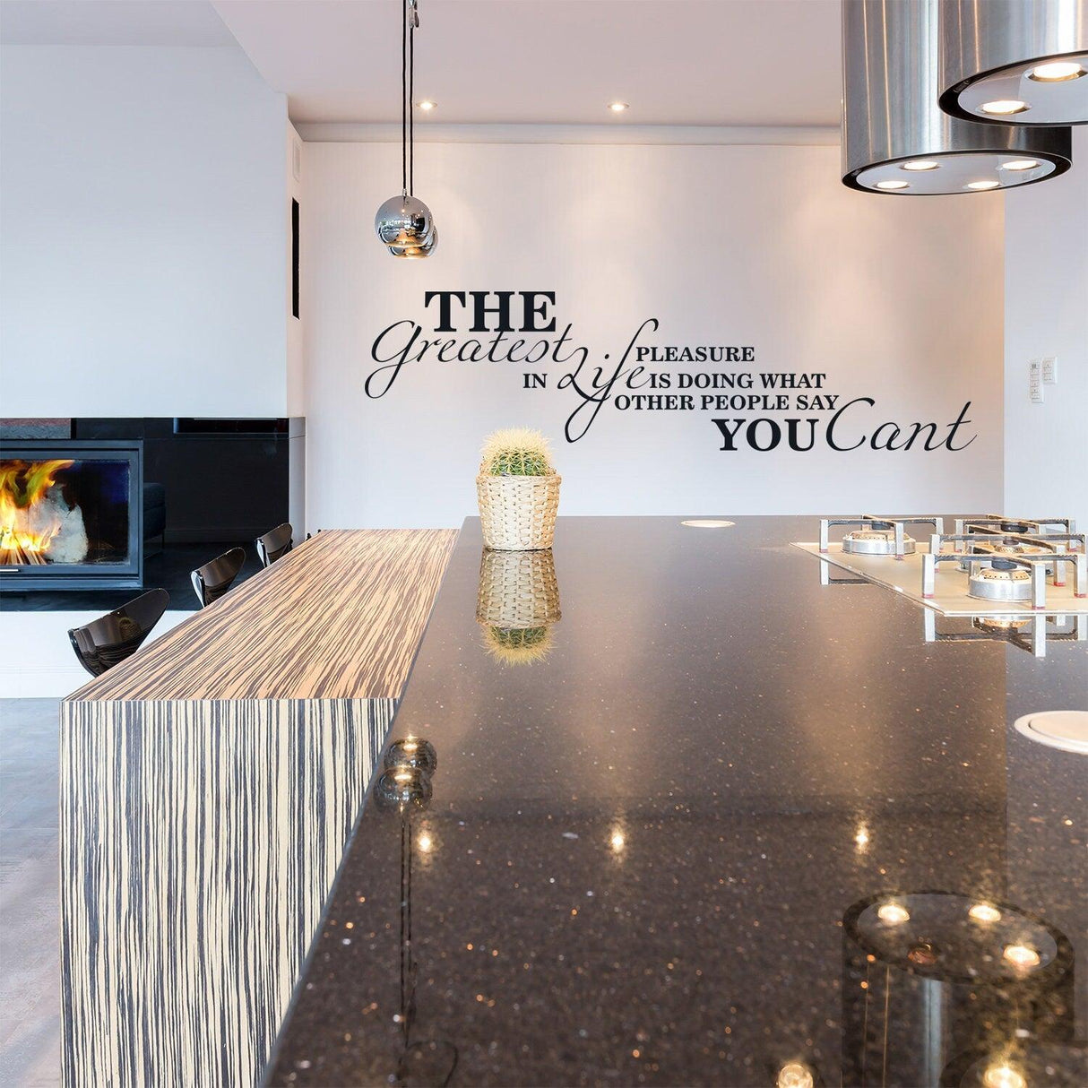 Wall quotes decal in modern kitchen, featuring an inspiring saying for home decor.