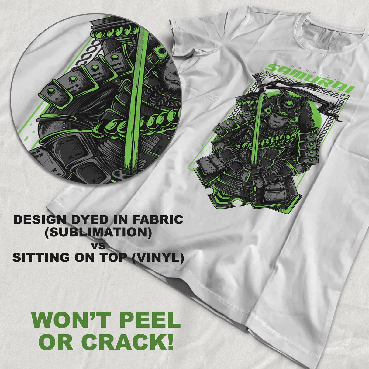 Custom samurai graphic t-shirt showcasing sublimated and vinyl designs, durable print that won't peel or crack.