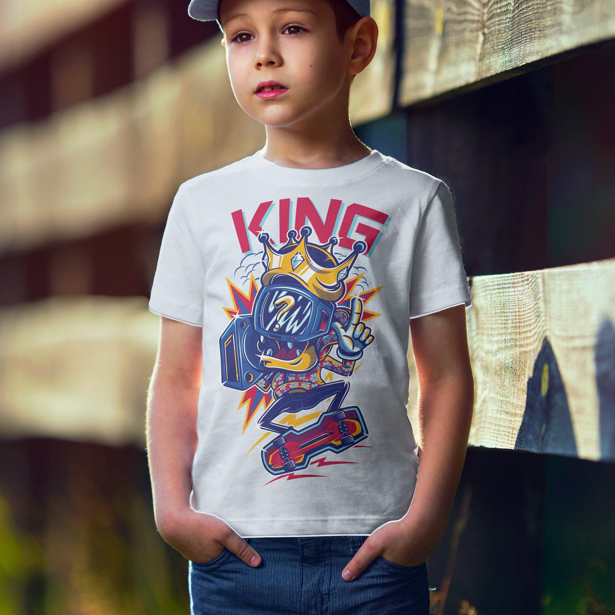 Child wearing a white t-shirt with a colorful 'KING' graphic design featuring a cartoon character.