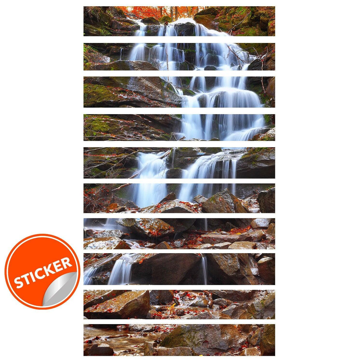 Stair riser vinyl decals featuring a serene waterfall design, ideal for home decor upgrades.