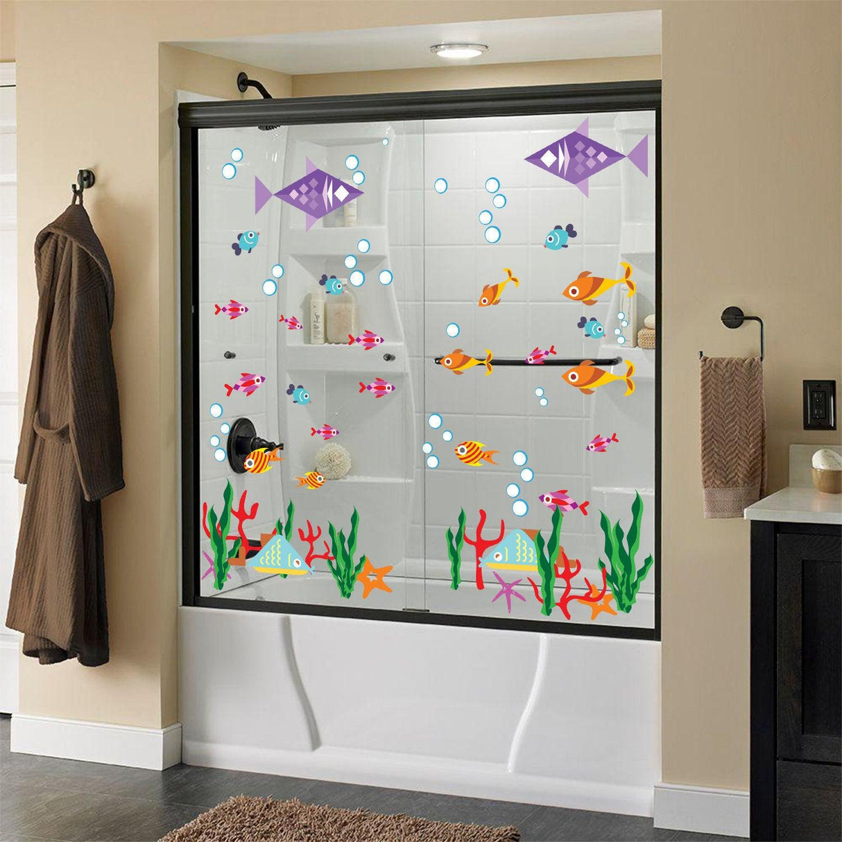 Colorful fish and bubbles vinyl decals on a shower door, adding fun bathroom decor and personality.