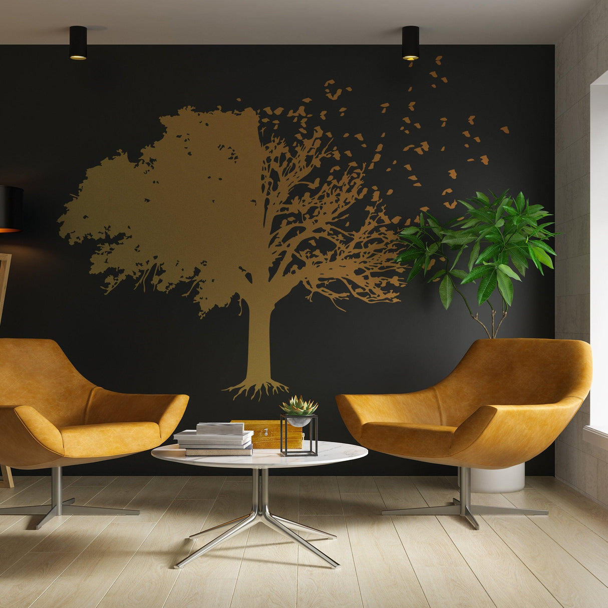 Stylish tree wall decal in gold color on a black wall, enhancing a modern living room decor with orange accent chairs.