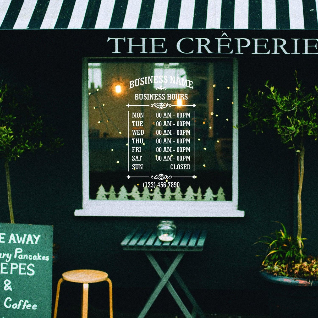 Custom open hours vinyl sign on restaurant window displaying business hours and contact information.