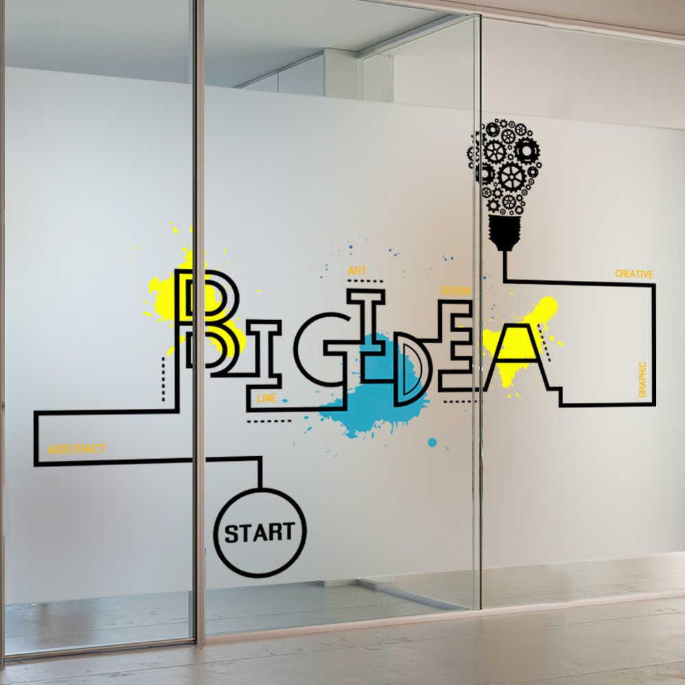 Custom frosted vinyl sticker on glass window featuring creative design with 'Big Idea' text and colorful splashes.