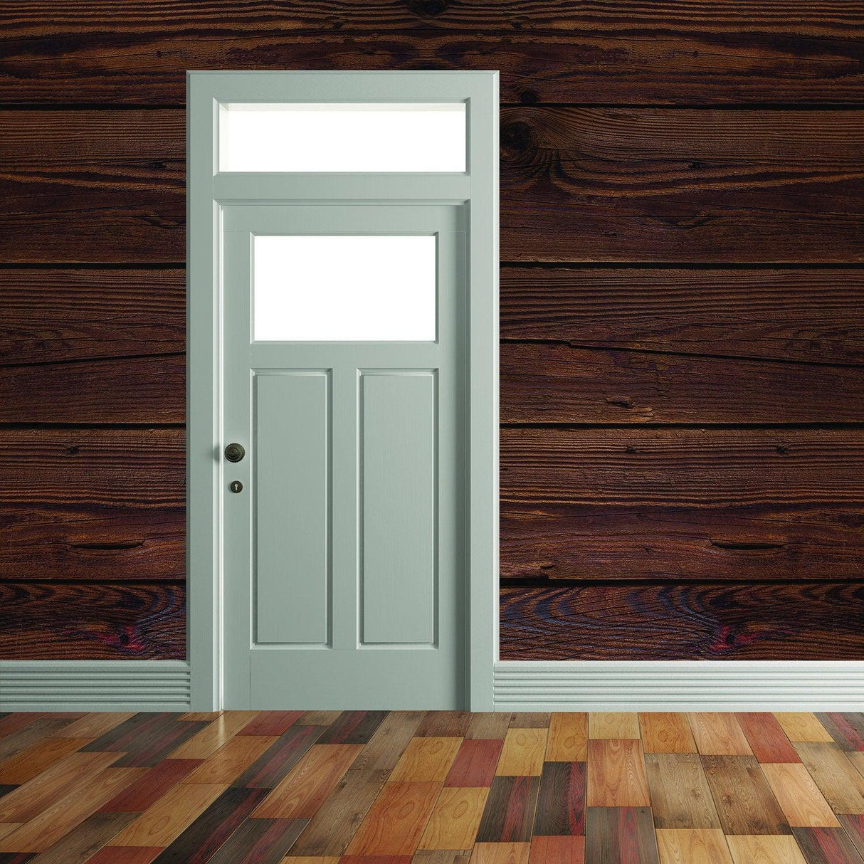 Wood wall wallpaper sticker featuring a door design, creating a rustic and warm atmosphere in any room.