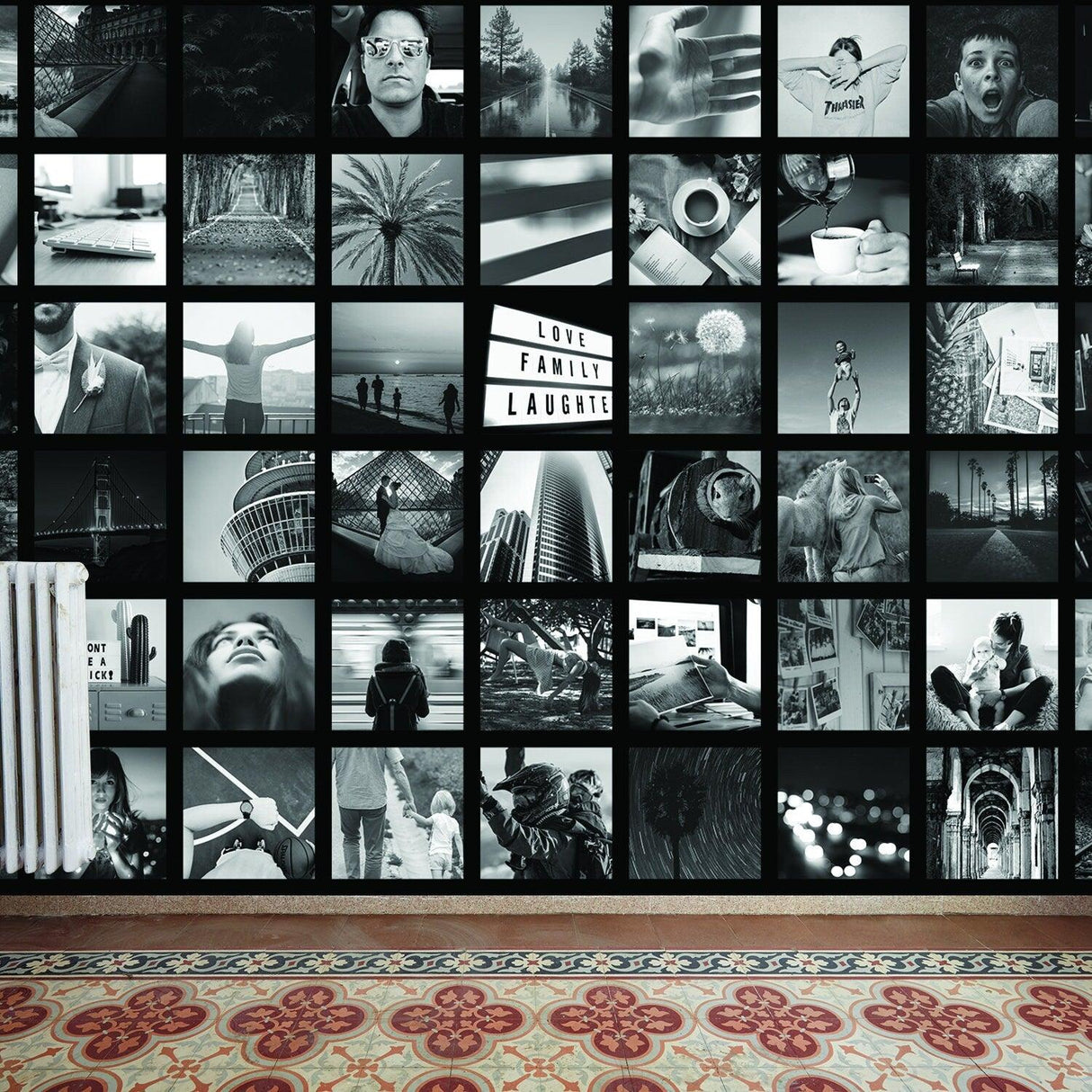 Photo collage wallpaper sticker featuring black and white images, transforming walls into personalized art.