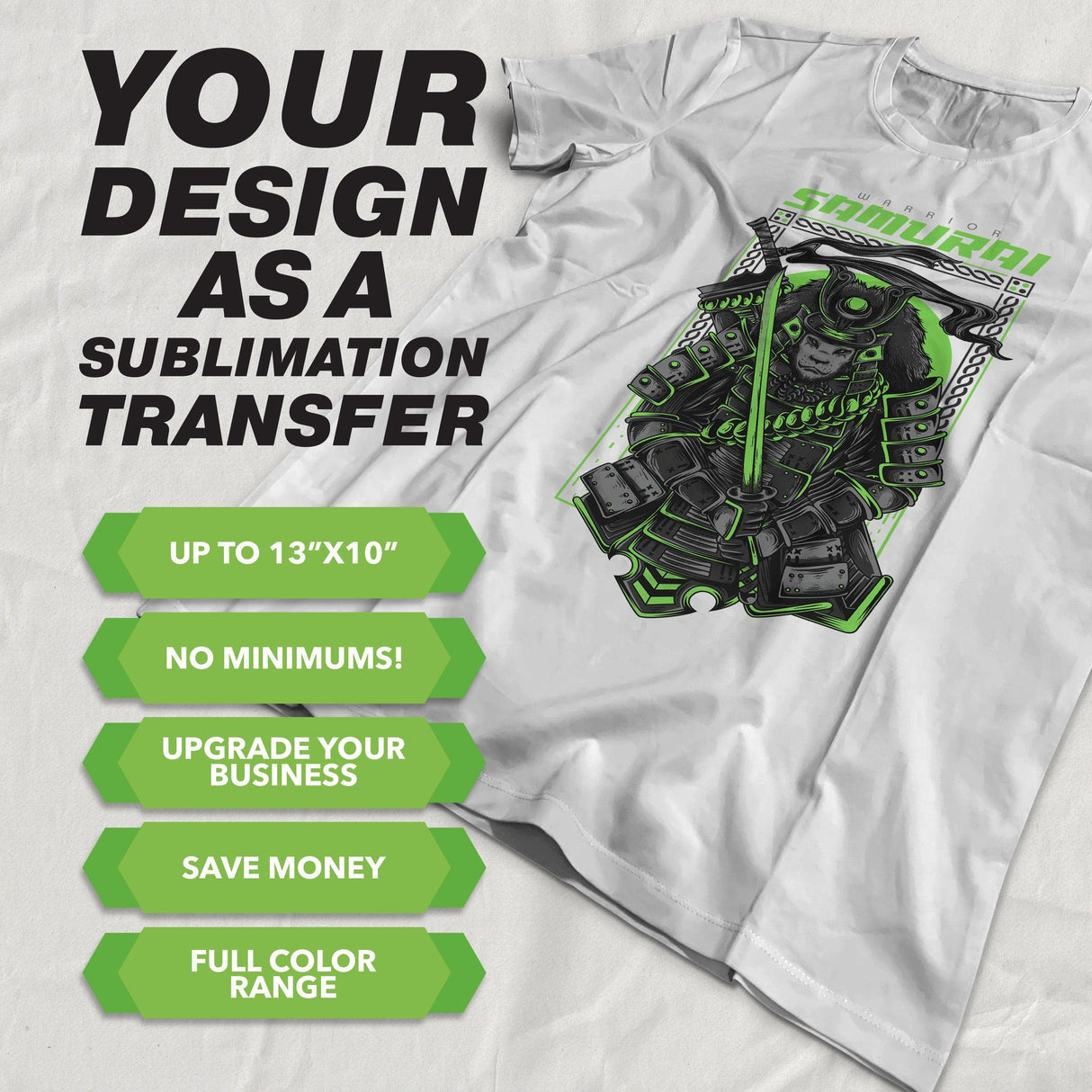 Custom design sublimation transfer on a t-shirt featuring a samurai graphic with vibrant colors and essential features.