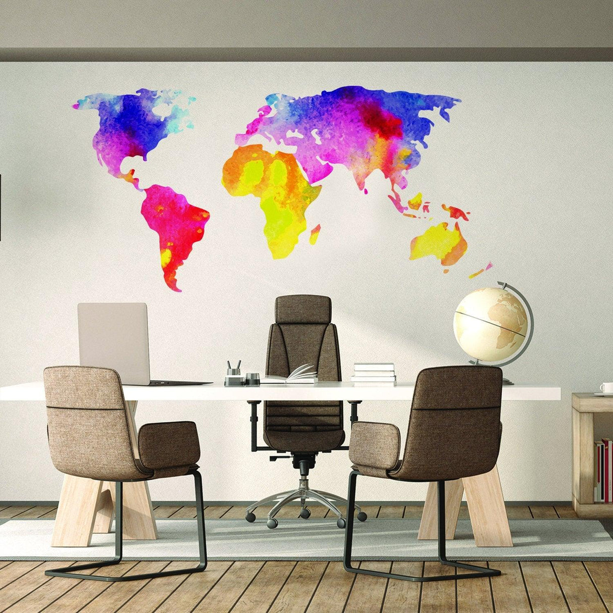 Colorful watercolor world map wall decal in modern office setting, perfect for educational decor.