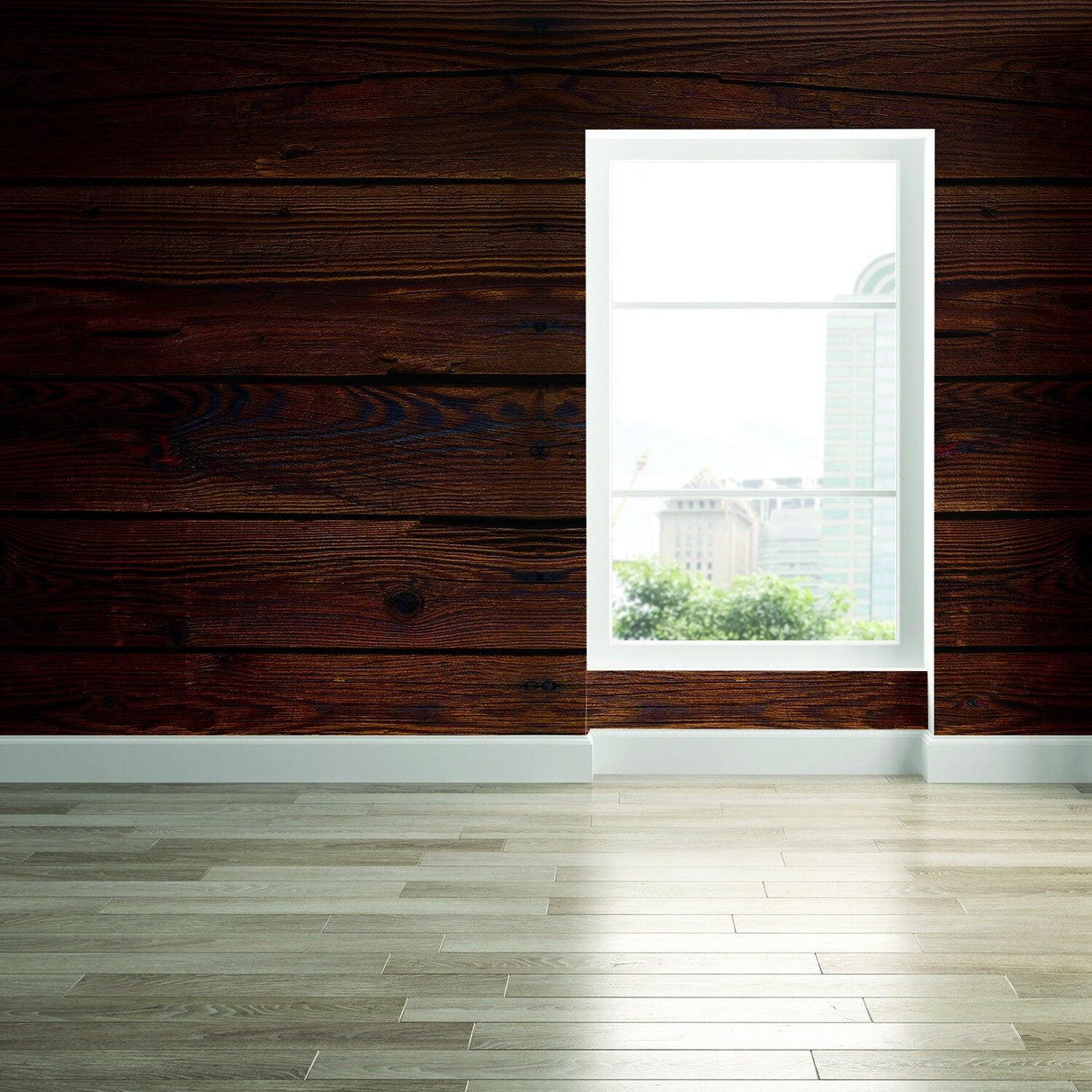 Wood wall wallpaper sticker featuring dark wood texture with a window view, enhancing rustic home decor.